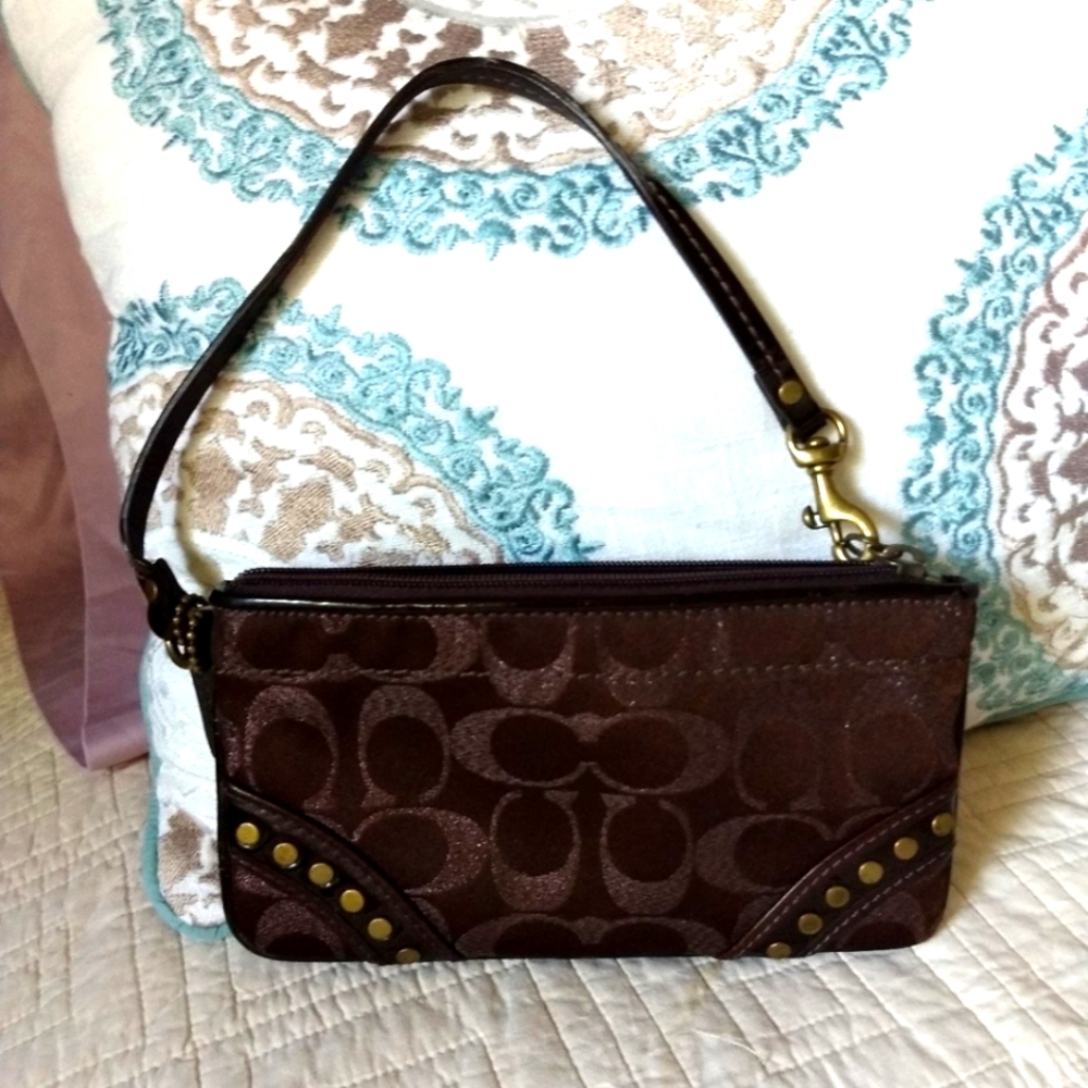 Coach Chocolate Shimmer Signature Brass Studded Canvas Patent Leather Wristlet